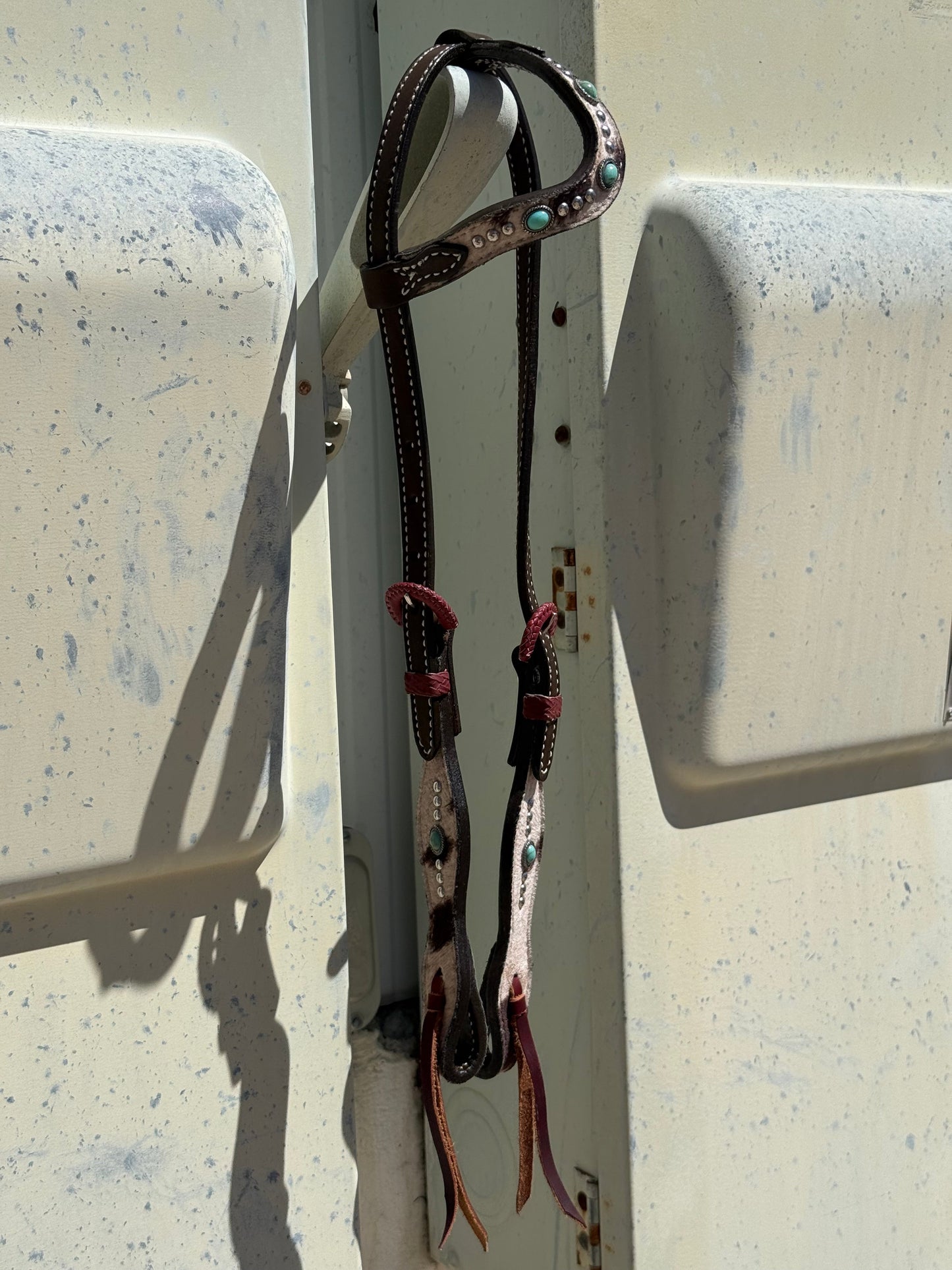 2074-CHEETAH 5/8" Wave one ear headstall rough out golden leather cheetah overlay with stones and spots