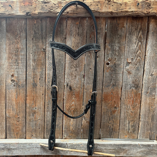 Floral V Browband Black Draft Headstall / Bridle