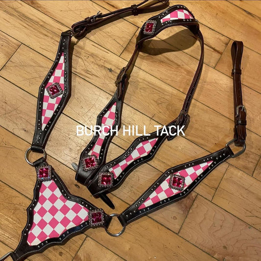 Ready to Ship Western Tack Set - Pink Checkered, Gladiator (BHT008)
