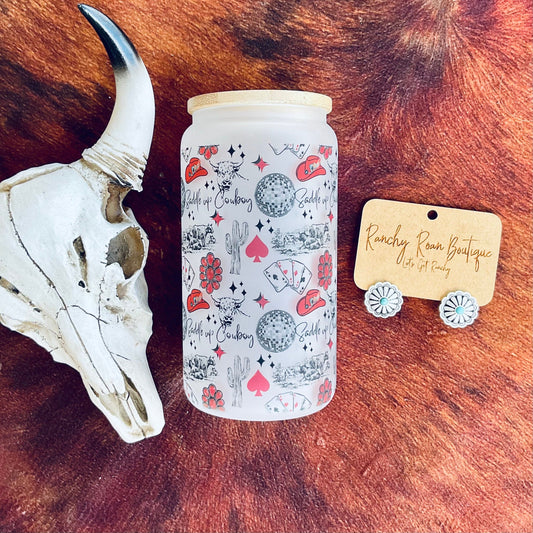 Saddle Up Cowboy Western Frosted Glass 16 oz