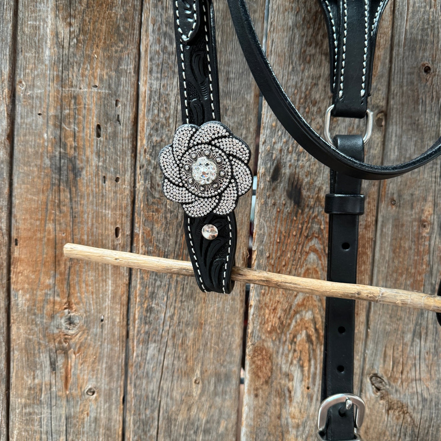 Pony Black Floral Clear Rhinestone V-Browband Tack Set #BBBC665P