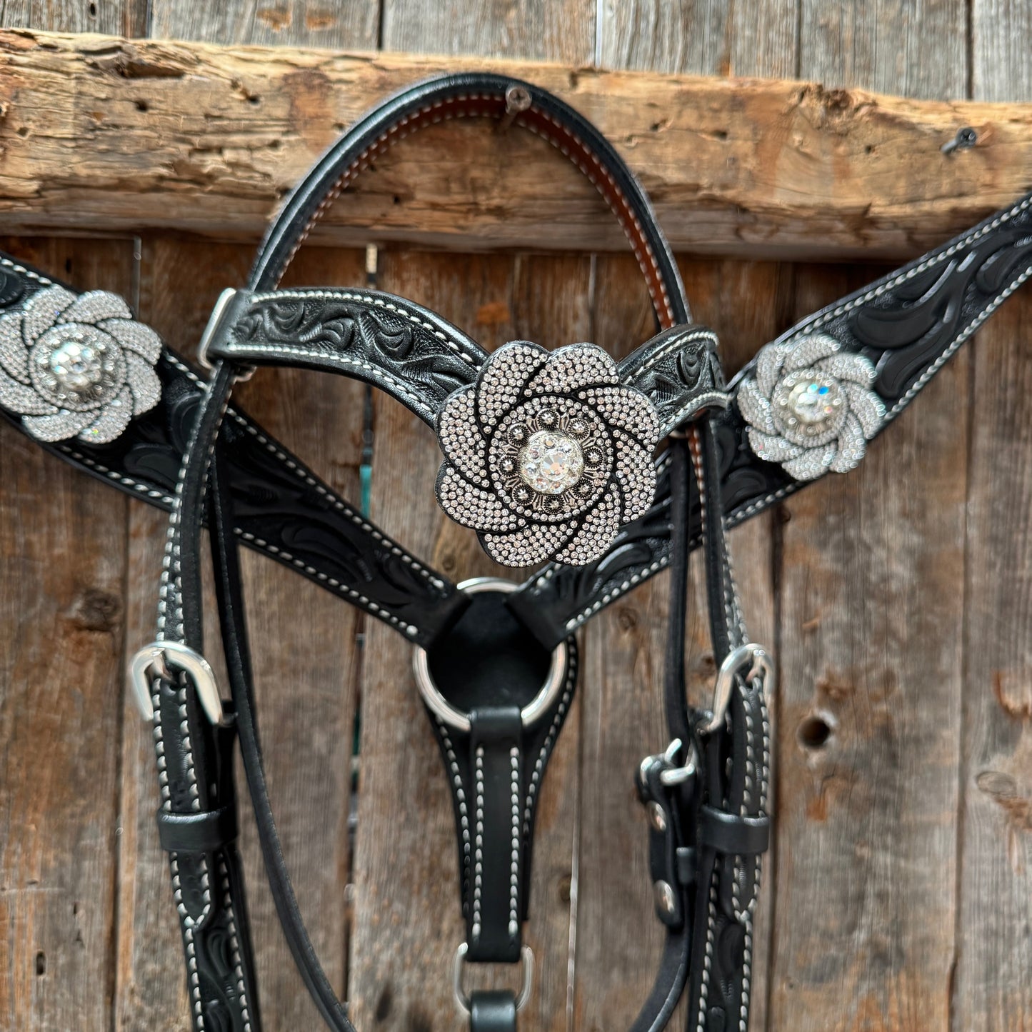 Pony Black Floral Clear Rhinestone V-Browband Tack Set #BBBC665P