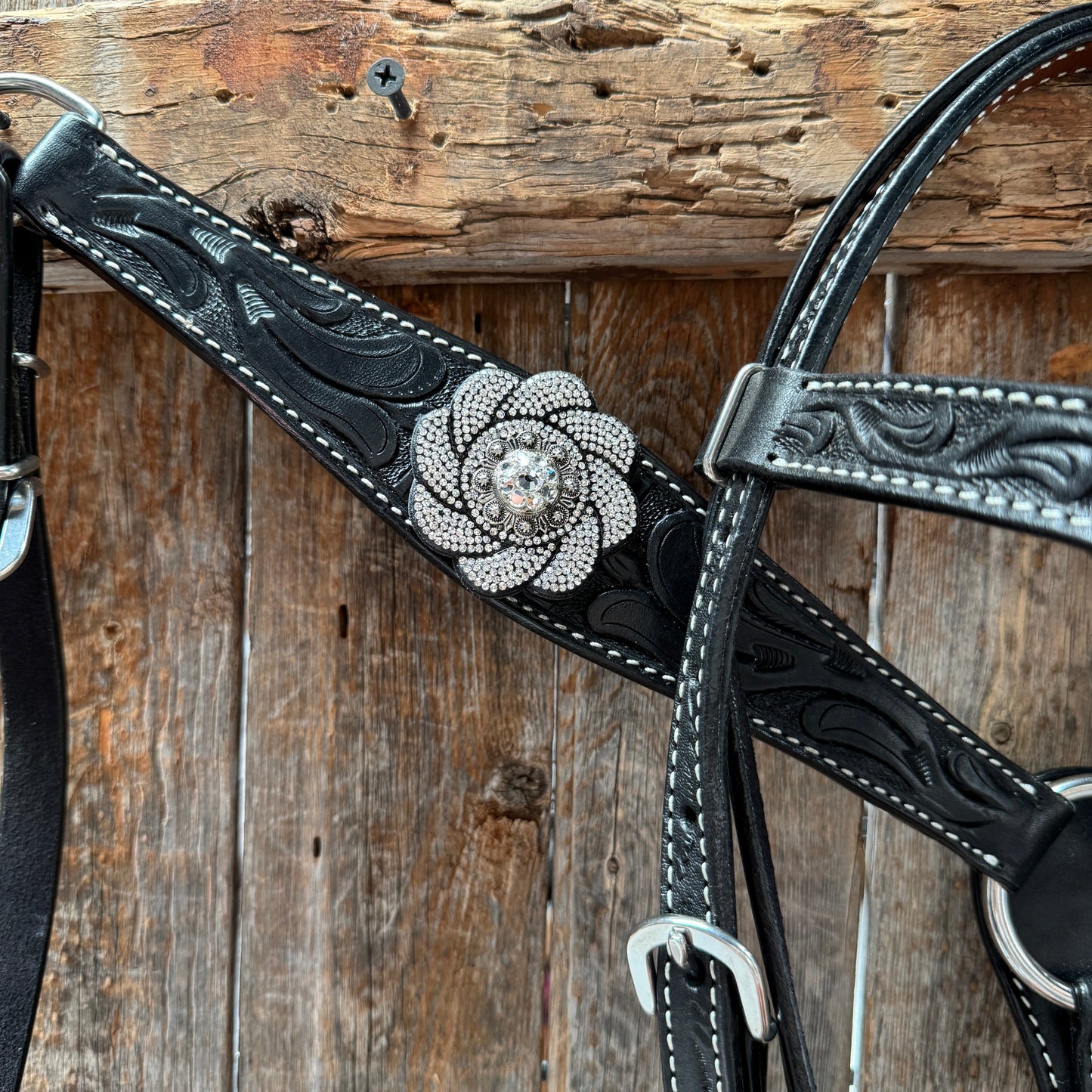 Pony Black Floral Clear Rhinestone V-Browband Tack Set #BBBC665P