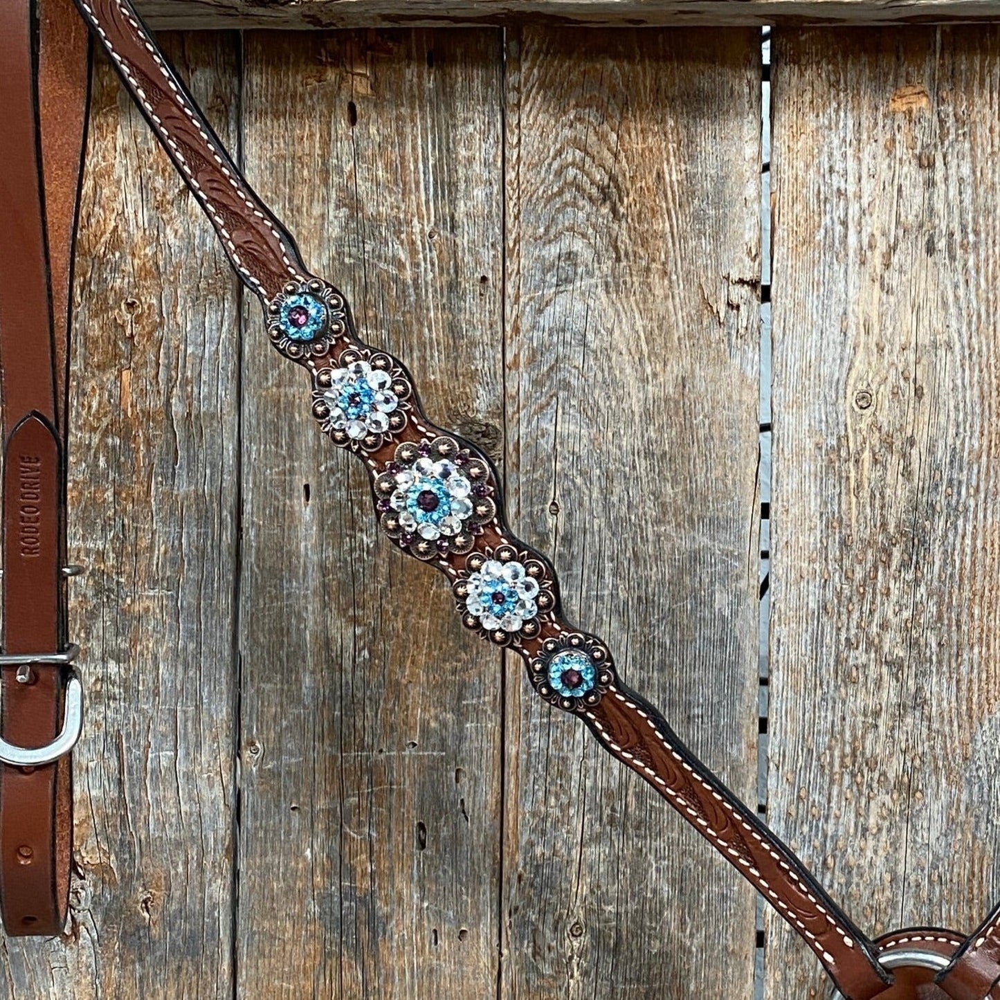 Medium Oil Floral Amethyst - Aqua One Ear- Browband Breastcollar Tack Set #BBBC590