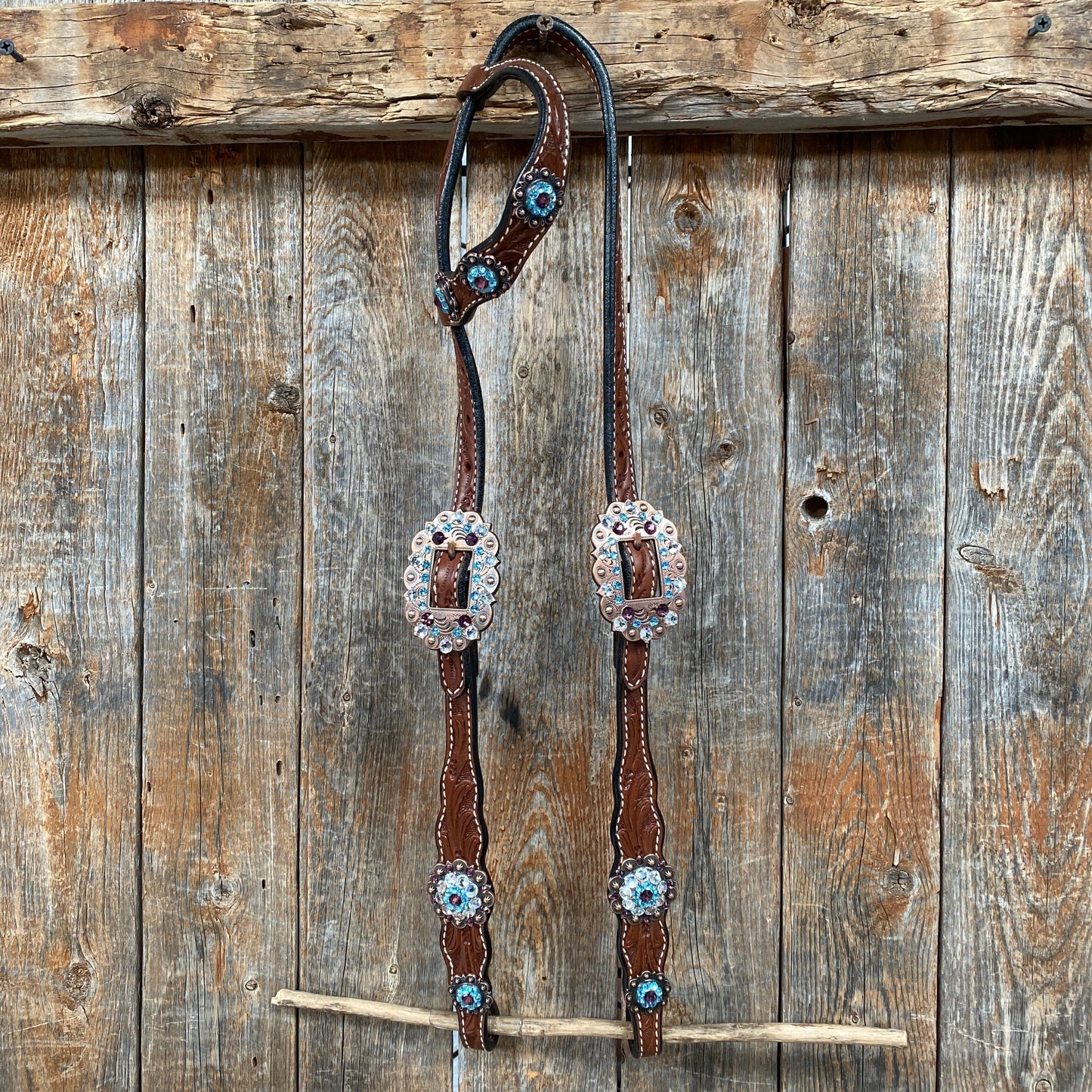 Medium Oil Floral Amethyst - Aqua One Ear- Browband Breastcollar Tack Set #BBBC590