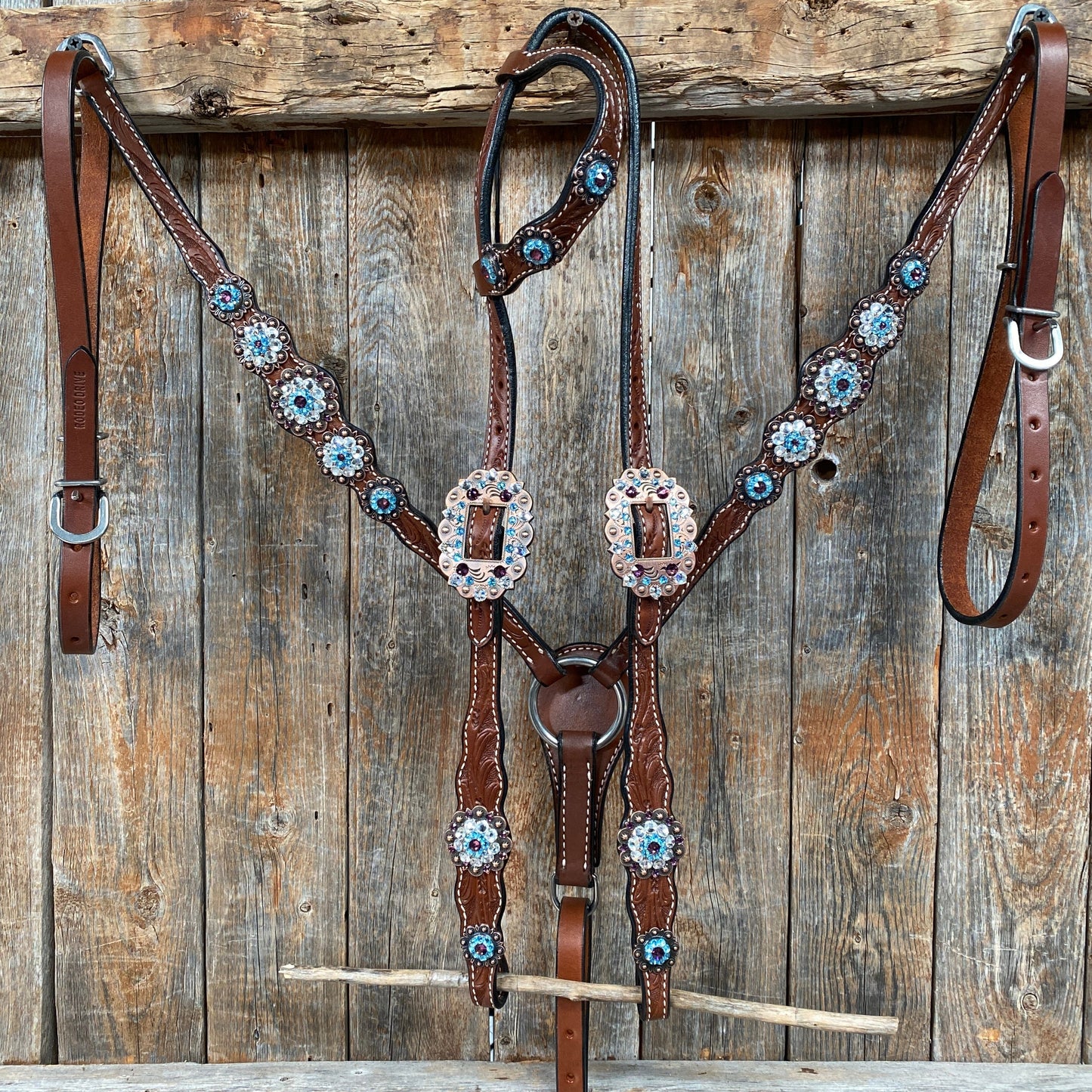 Medium Oil Floral Amethyst - Aqua One Ear- Browband Breastcollar Tack Set #BBBC590