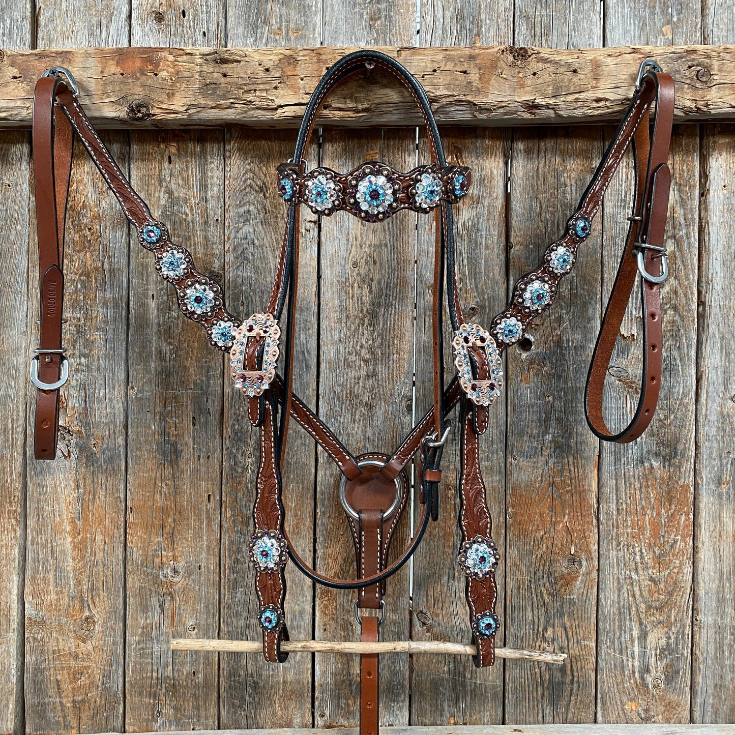 Medium Oil Floral Amethyst - Aqua One Ear- Browband Breastcollar Tack Set #BBBC590
