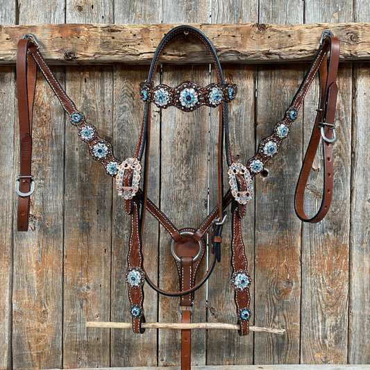 Medium Oil Floral Amethyst - Aqua One Ear- Browband Breastcollar Tack Set #BBBC590