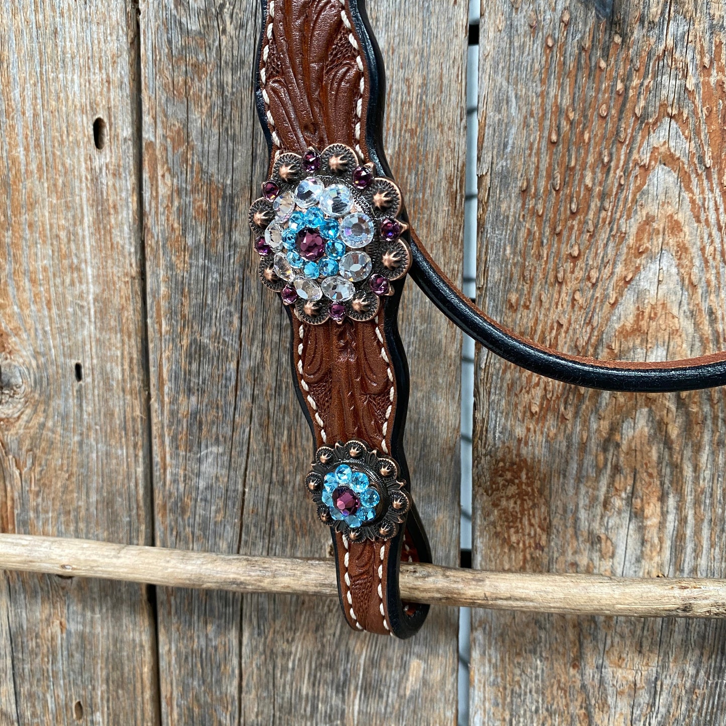 Medium Oil Floral Amethyst - Aqua One Ear- Browband Breastcollar Tack Set #BBBC590