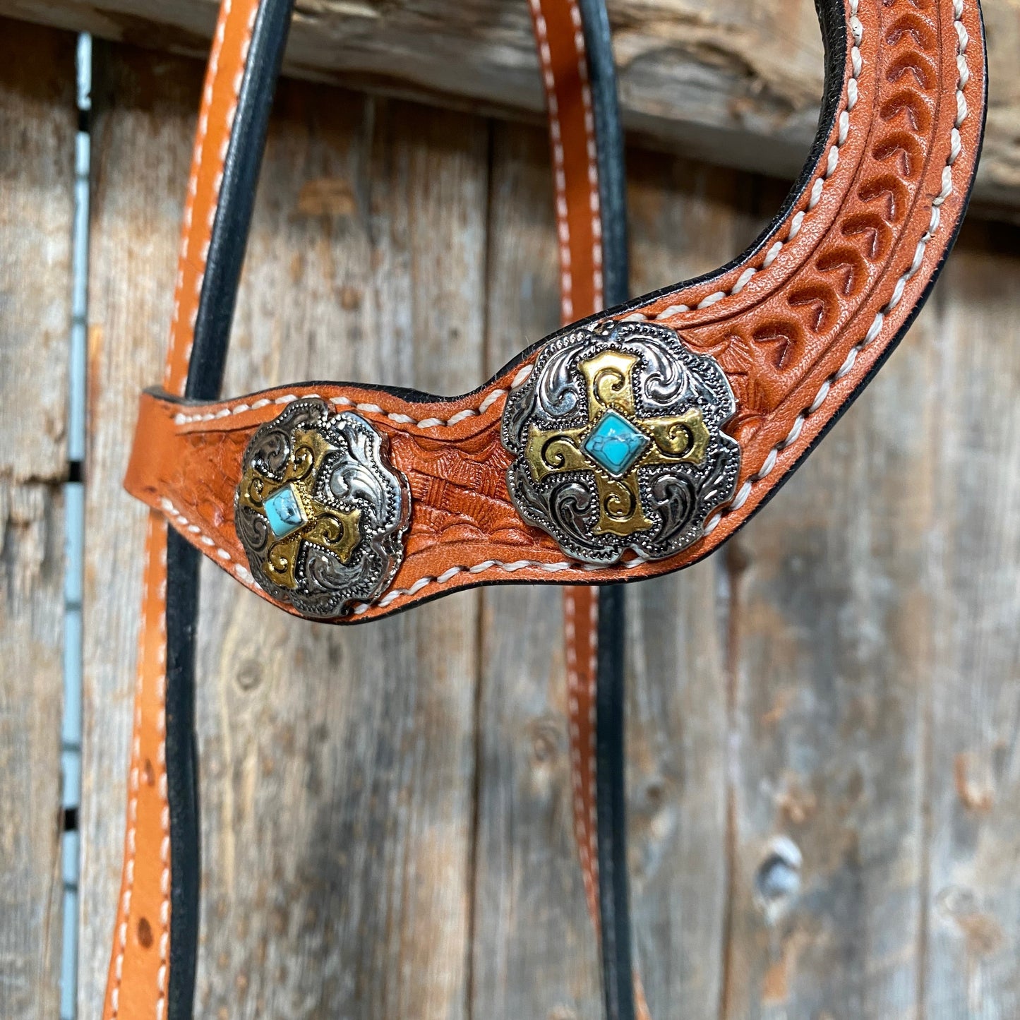 Light Oil Basketweave Turquoise and Cross One Ear Tack Set  #OEBC659