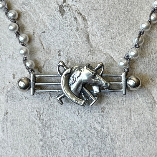 Sterling Gate Horse and Horseshoe on Pearls Necklace