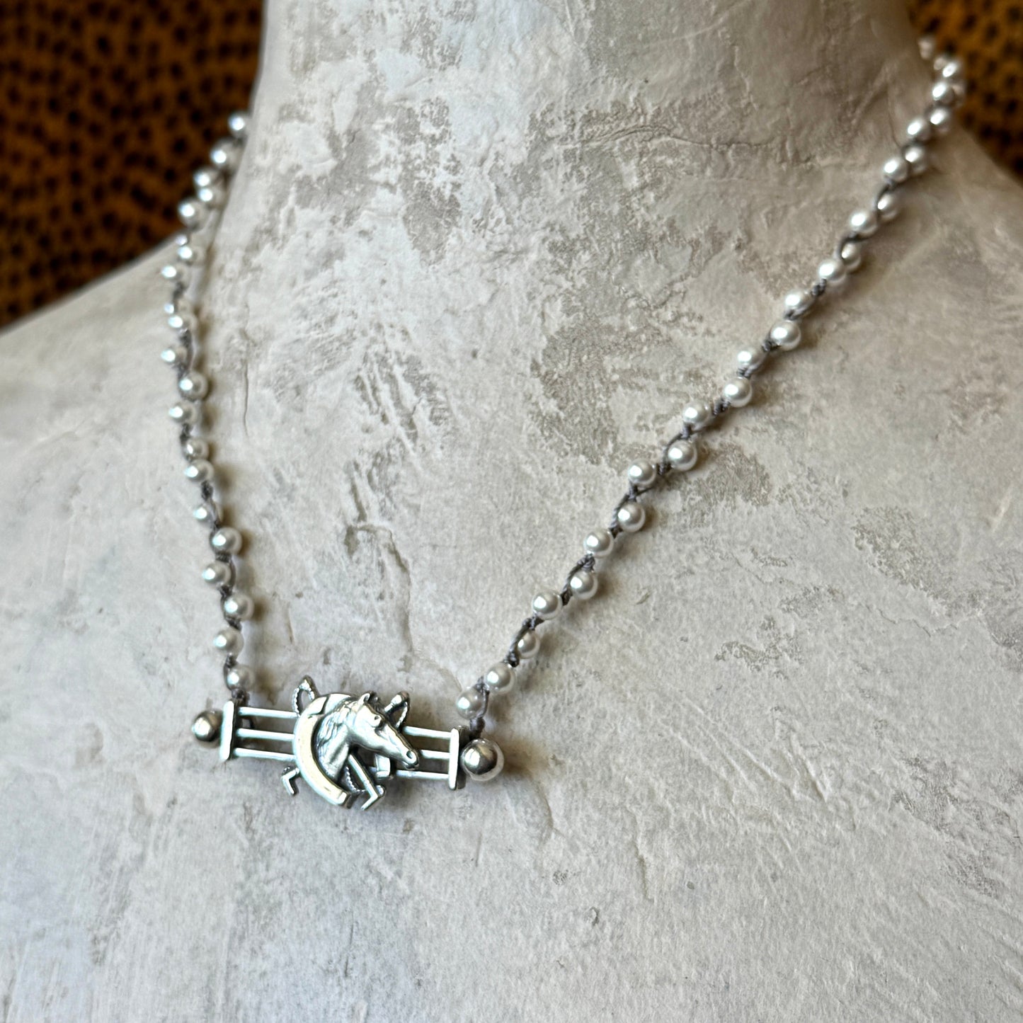 Sterling Gate Horse and Horseshoe on Pearls Necklace