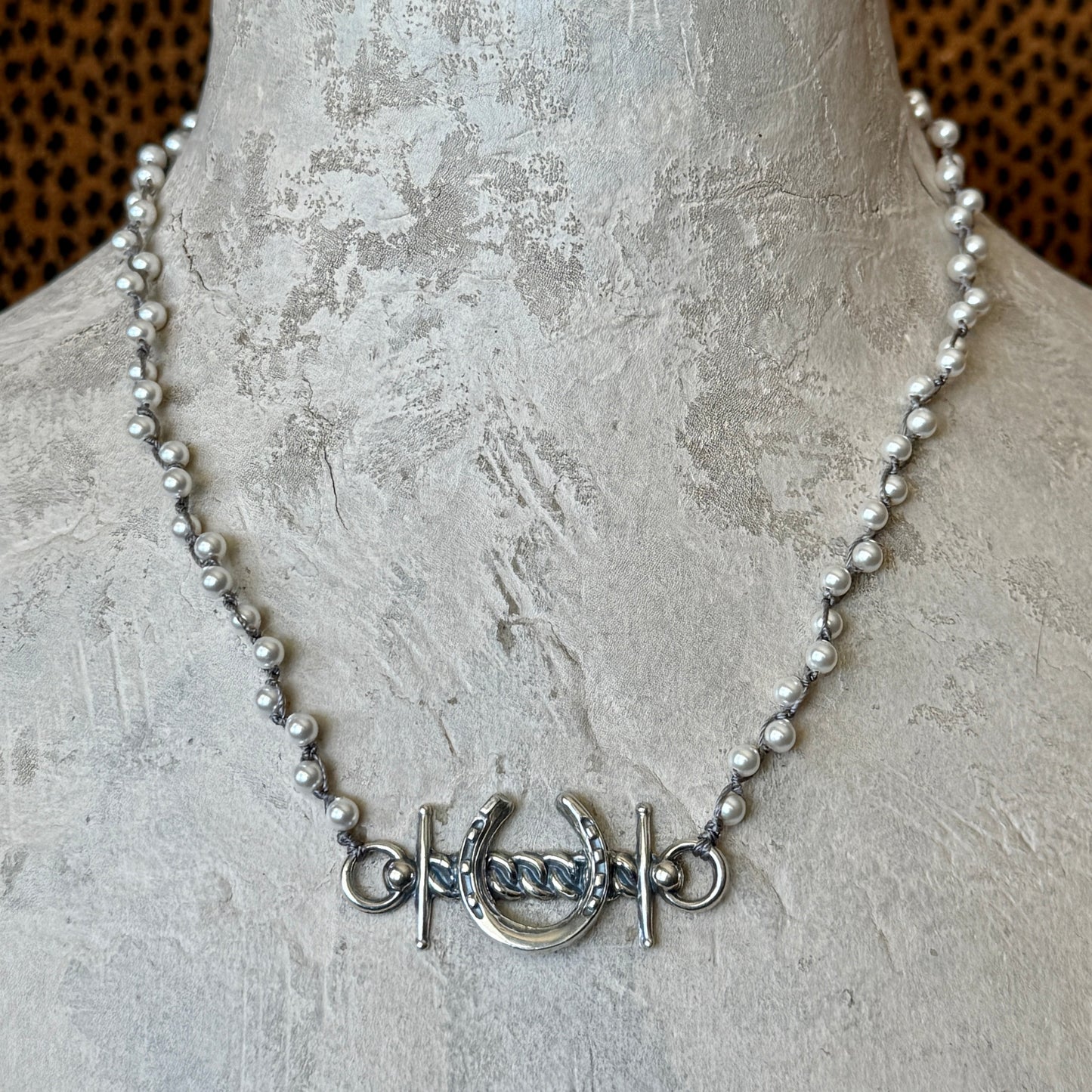 Lucky Snaffle Bit and Horseshoe on Pearls Necklace