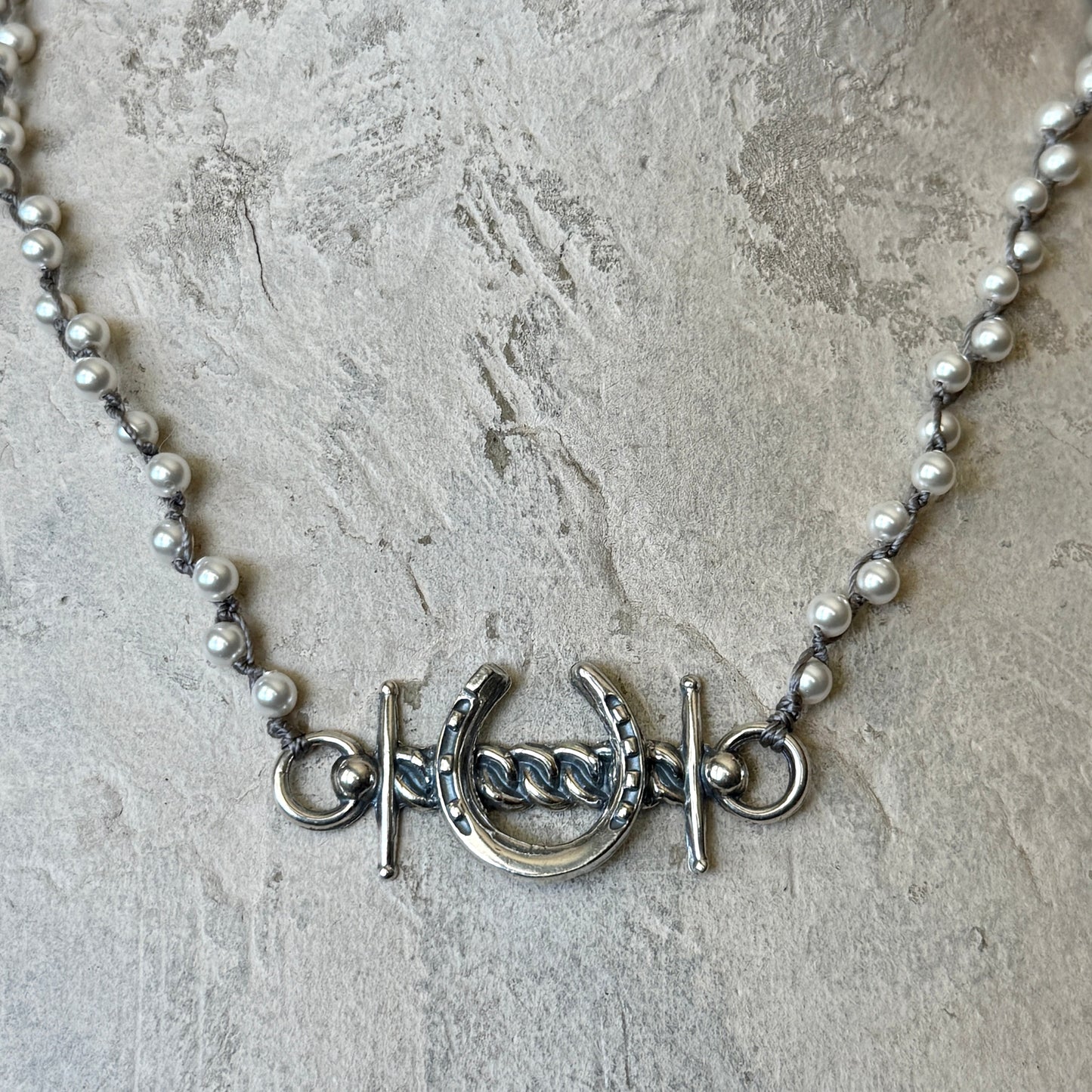 Lucky Snaffle Bit and Horseshoe on Pearls Necklace