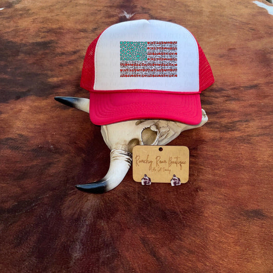 Turquoise Stone Flag Western Foam Trucker Hat