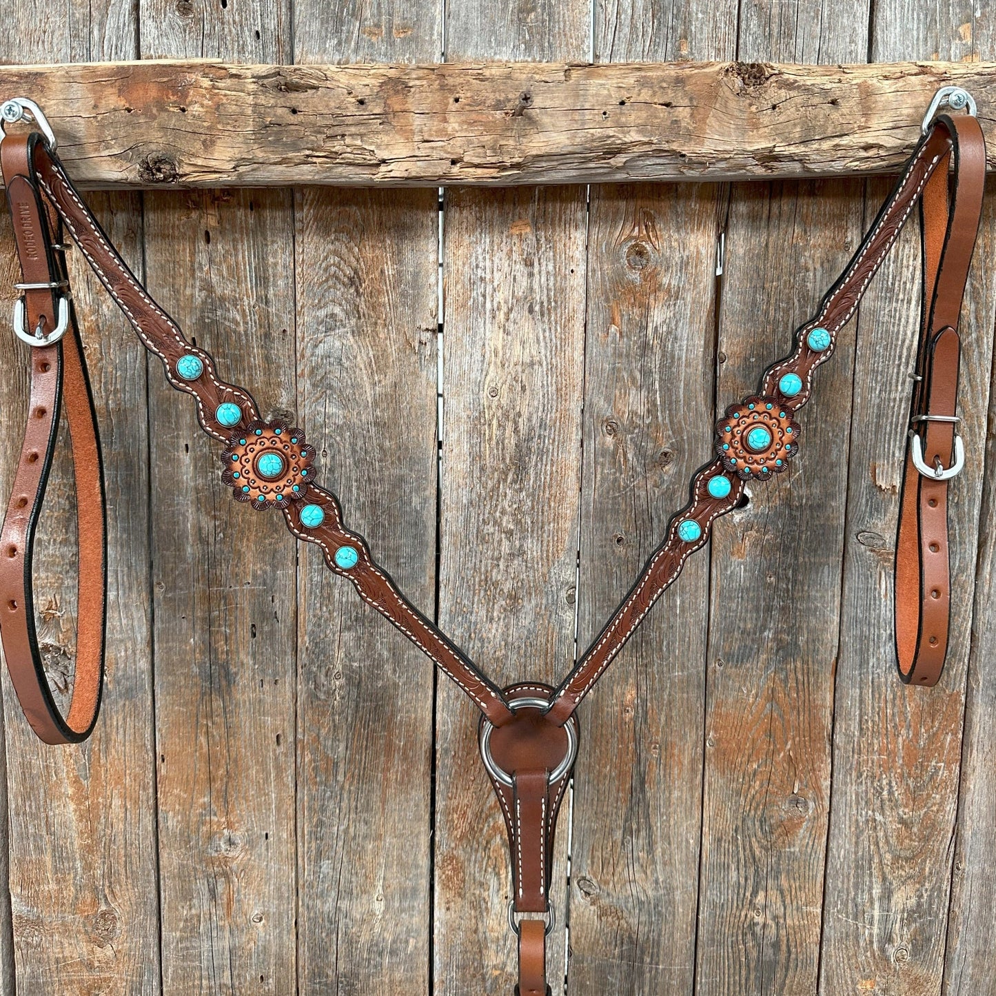Medium Oil Floral Rosettes and Turquoise One Ear/ Breastcollar Tack Set #OEBC566