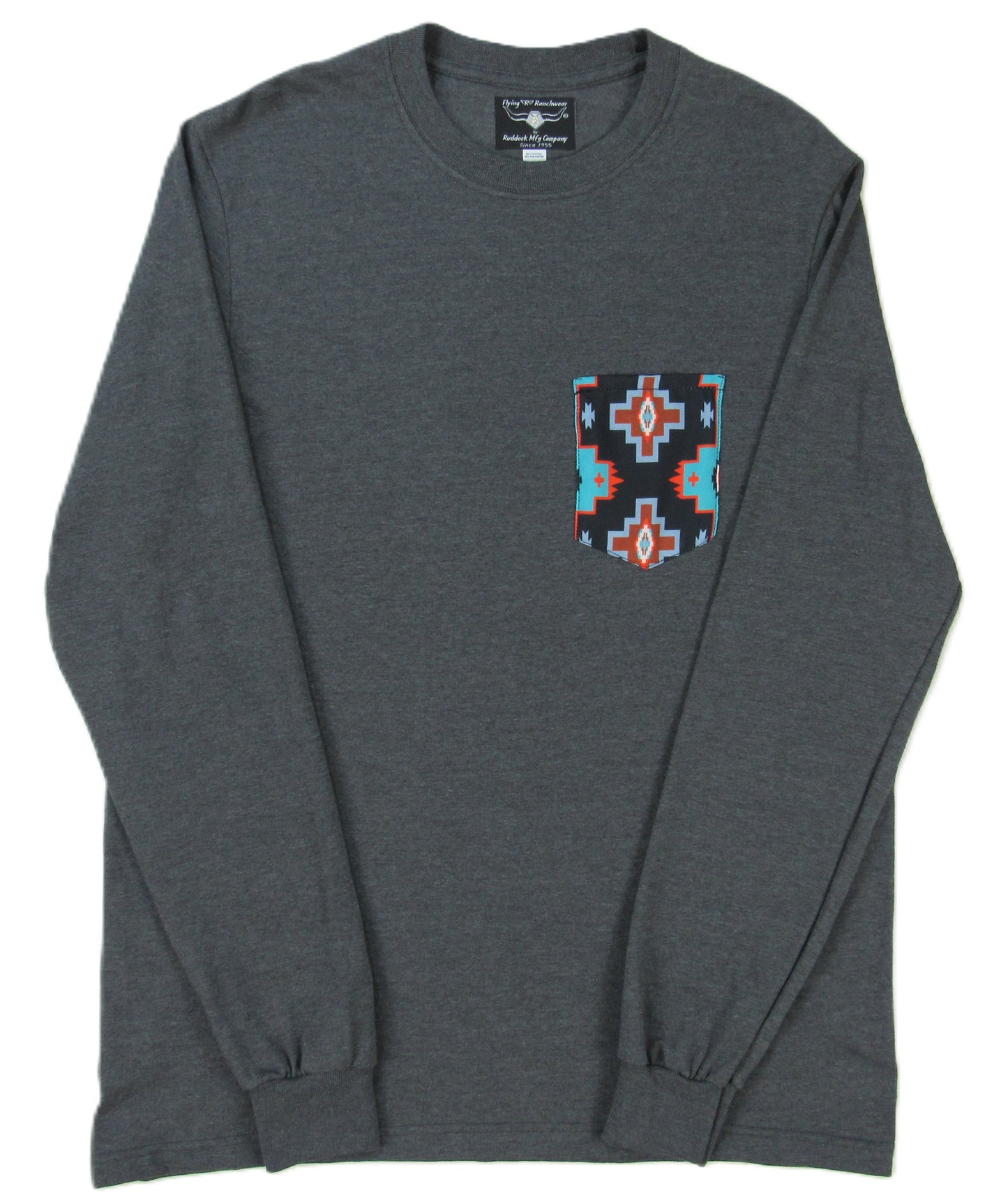 Flying R Ranchwear - Gray Heather with Southwest Print - Long Sleeve - Pocket T-shirt - Made in USA