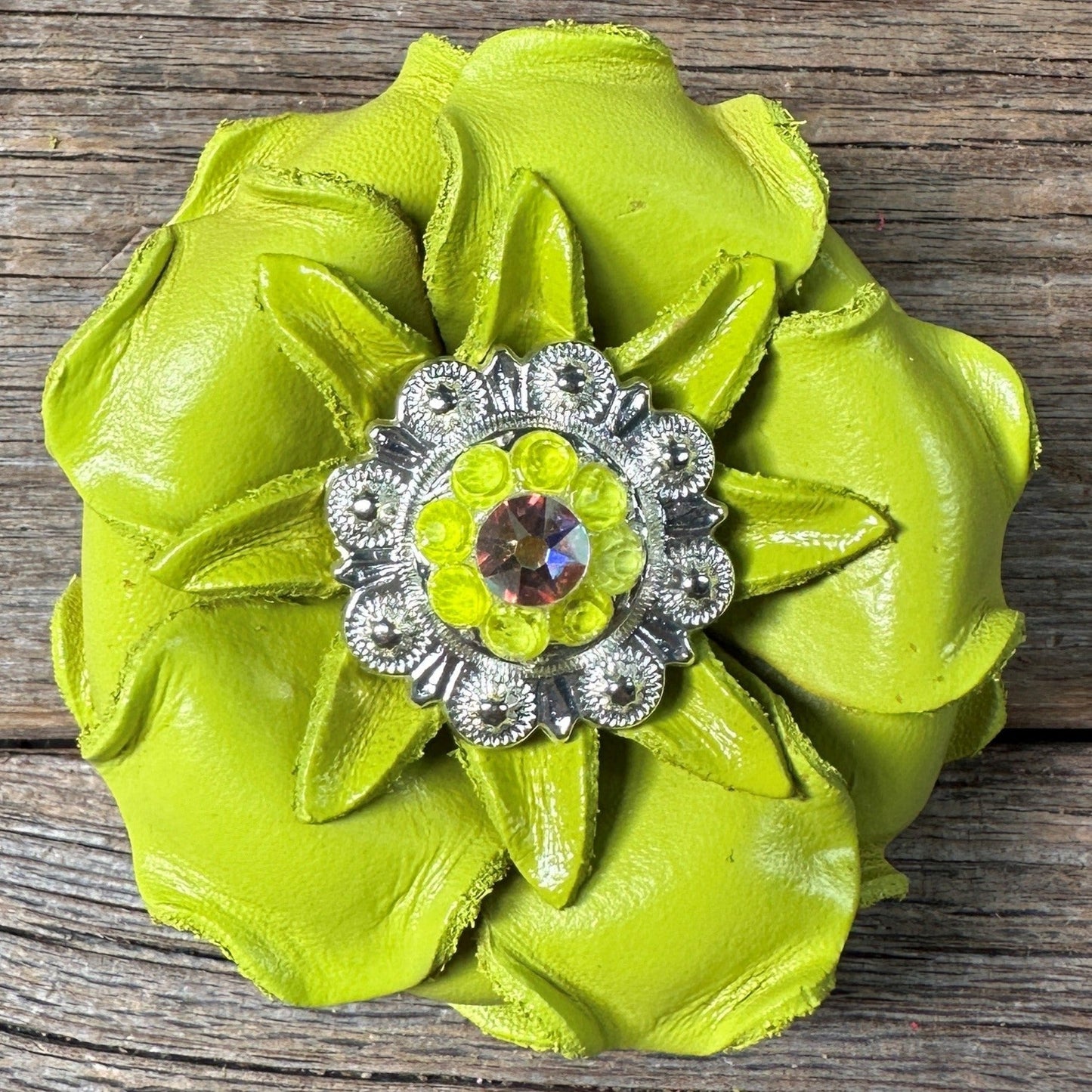 Neon Lime Gardenia Flower With Bright Silver Neon Yellow & AB 1" Concho
