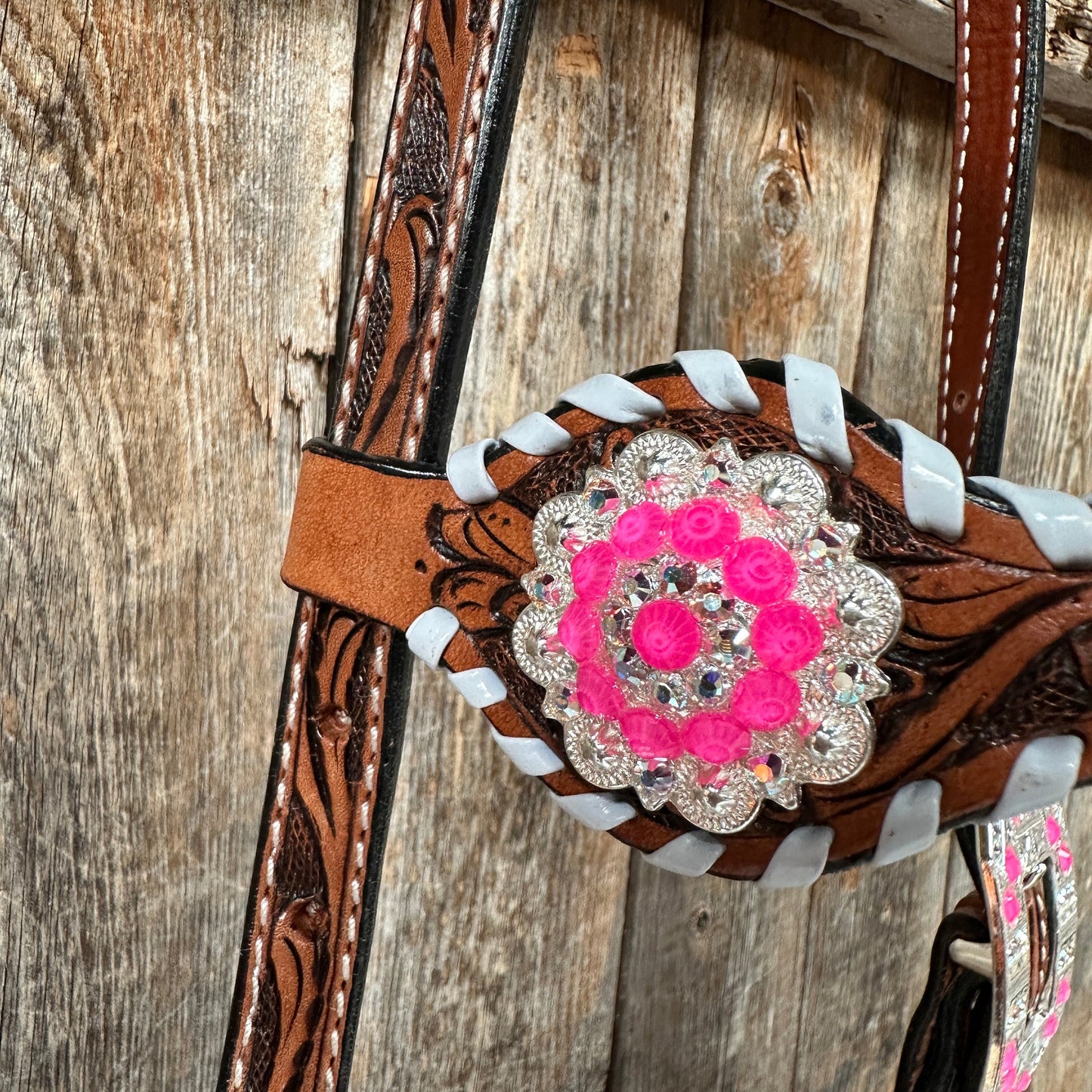 Light Oil Whipstitch Pink & Blue One Ear/ Breastcollar Tack Set #OEBC575