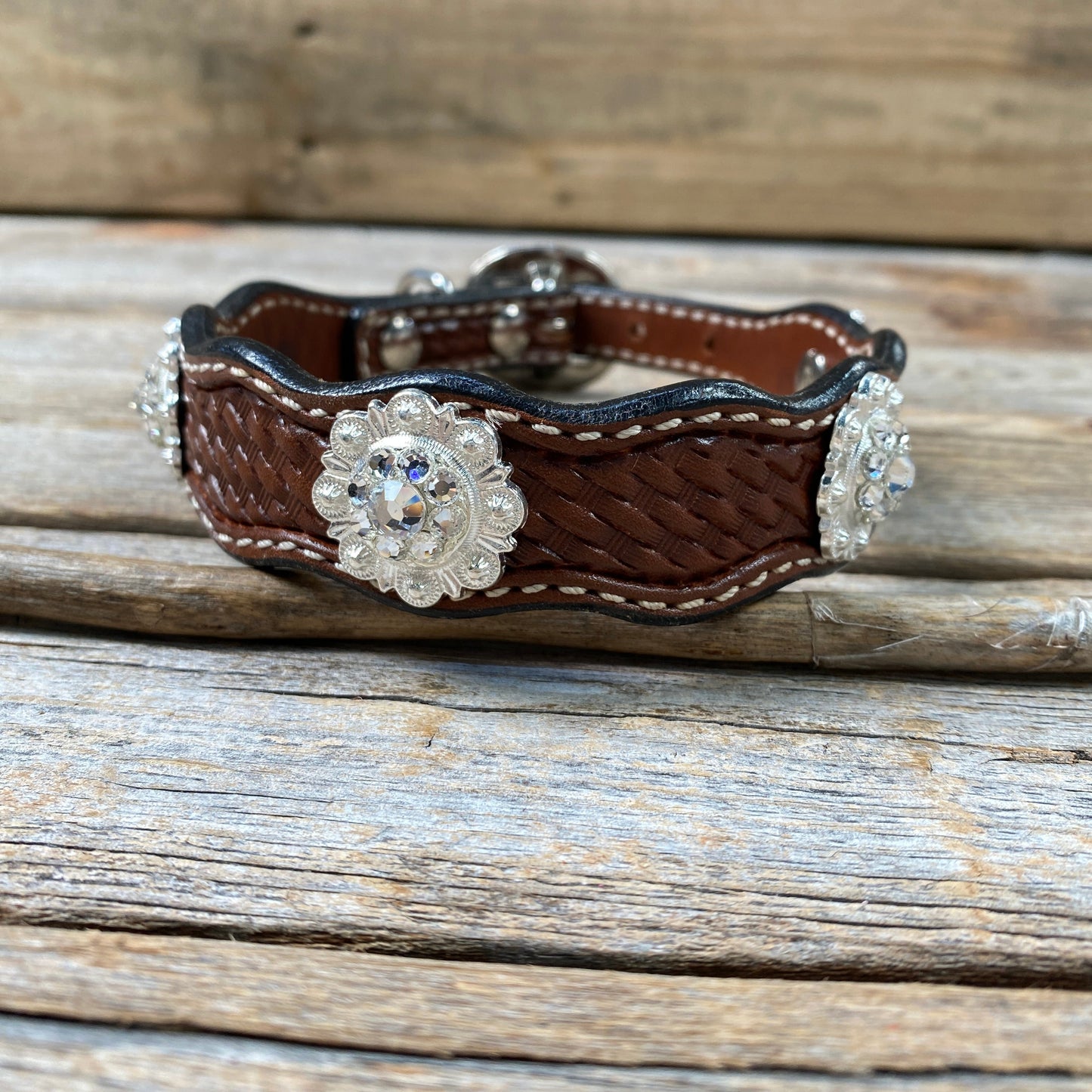 Leather Dog Collar With Bright Silver Clear Conchos 10" to 22" -DC1