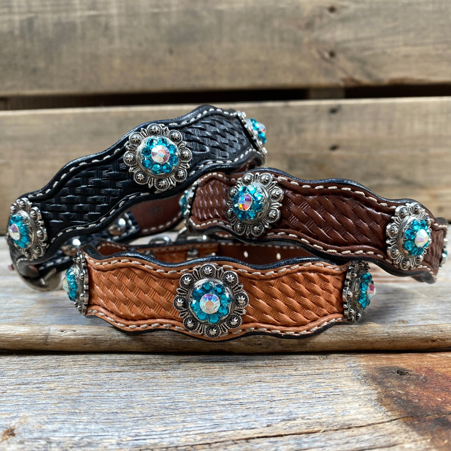 Leather Dog Collar With Antique Silver Teal and AB Conchos 10" to 22" -DC45