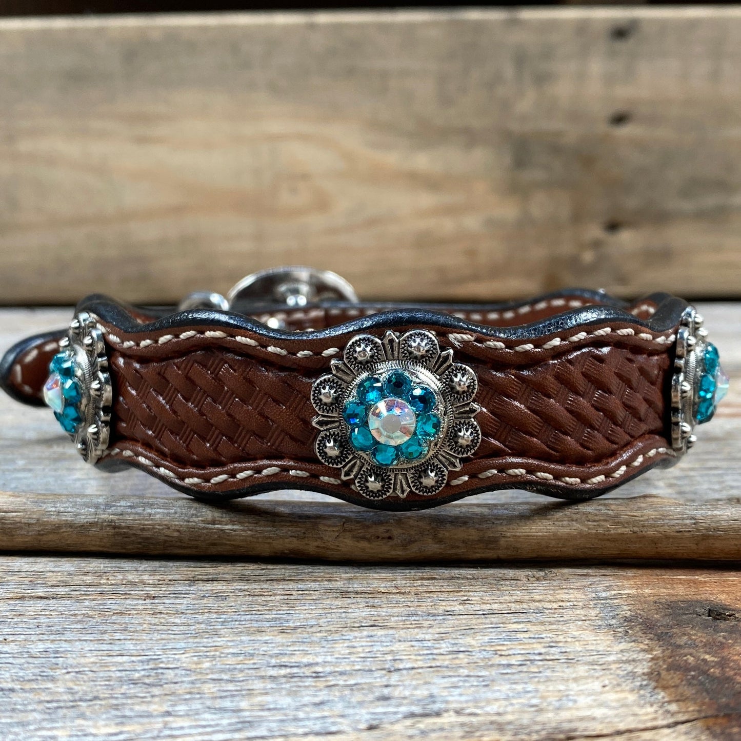Leather Dog Collar With Antique Silver Teal and AB Conchos 10" to 22" -DC45