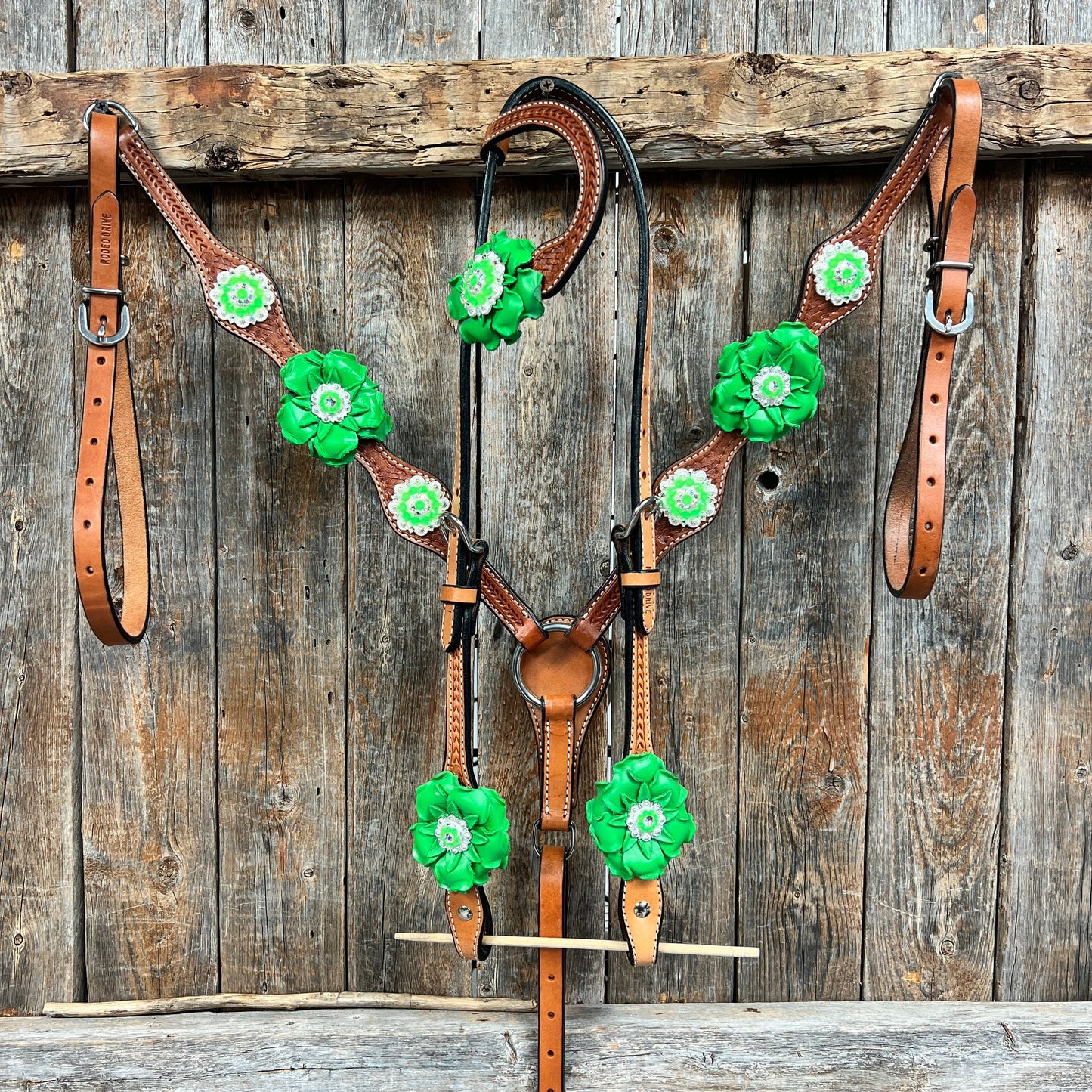 Light Oil Basketweave Neon Green - AB Browband/One Ear Tack Set  #BBBC608