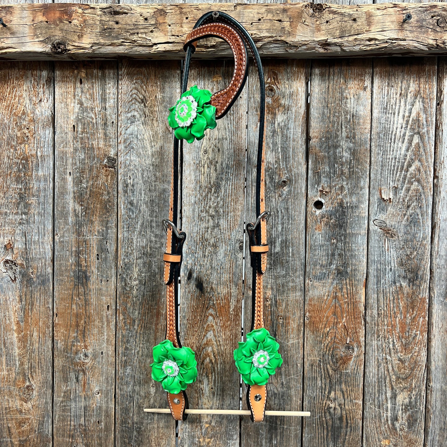 Light Oil Basketweave Neon Green - AB Browband/One Ear Tack Set  #BBBC608