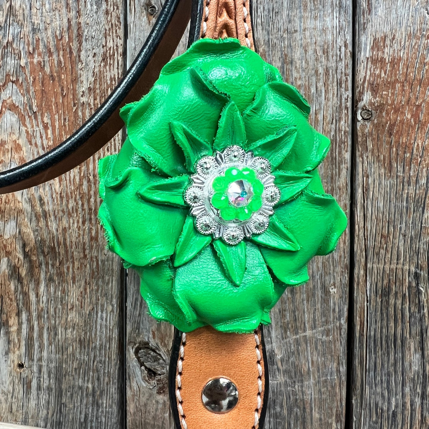 Light Oil Basketweave Neon Green - AB Browband/One Ear Tack Set  #BBBC608