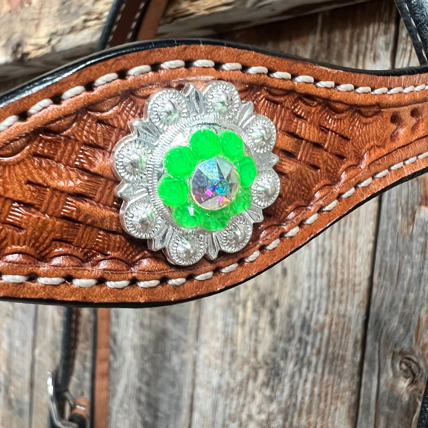 Light Oil Basketweave Neon Green - AB Browband/One Ear Tack Set  #BBBC608