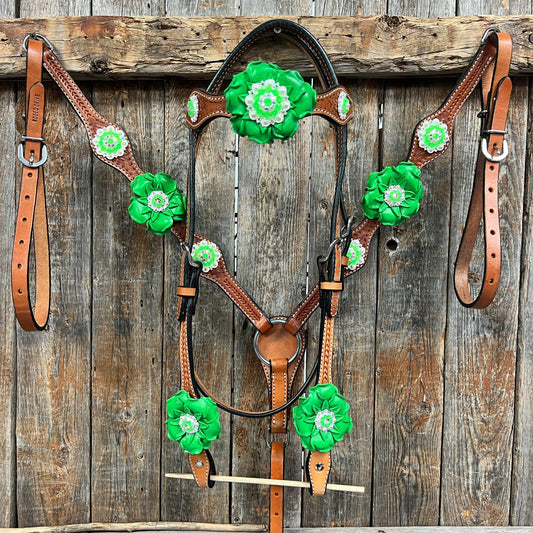 Light Oil Basketweave Neon Green - AB Browband/One Ear Tack Set  #BBBC608