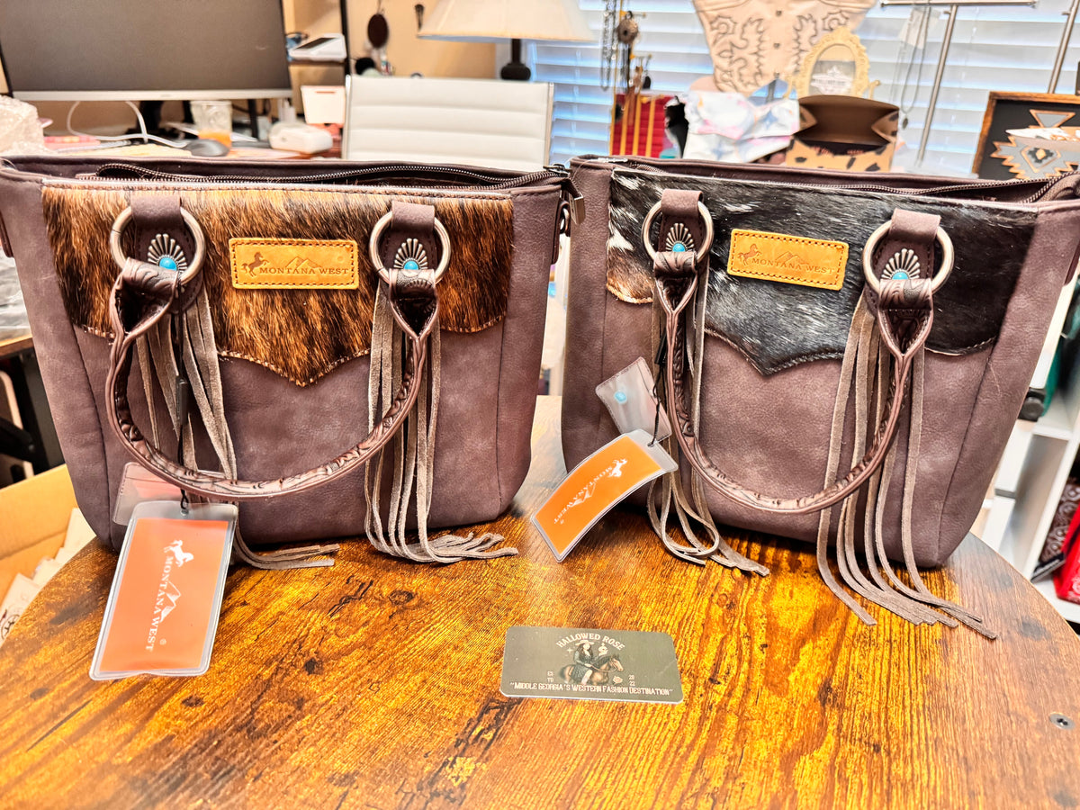 Montana West Hair-On Hide Concealed Carry Tote Bag with Tooled Strap