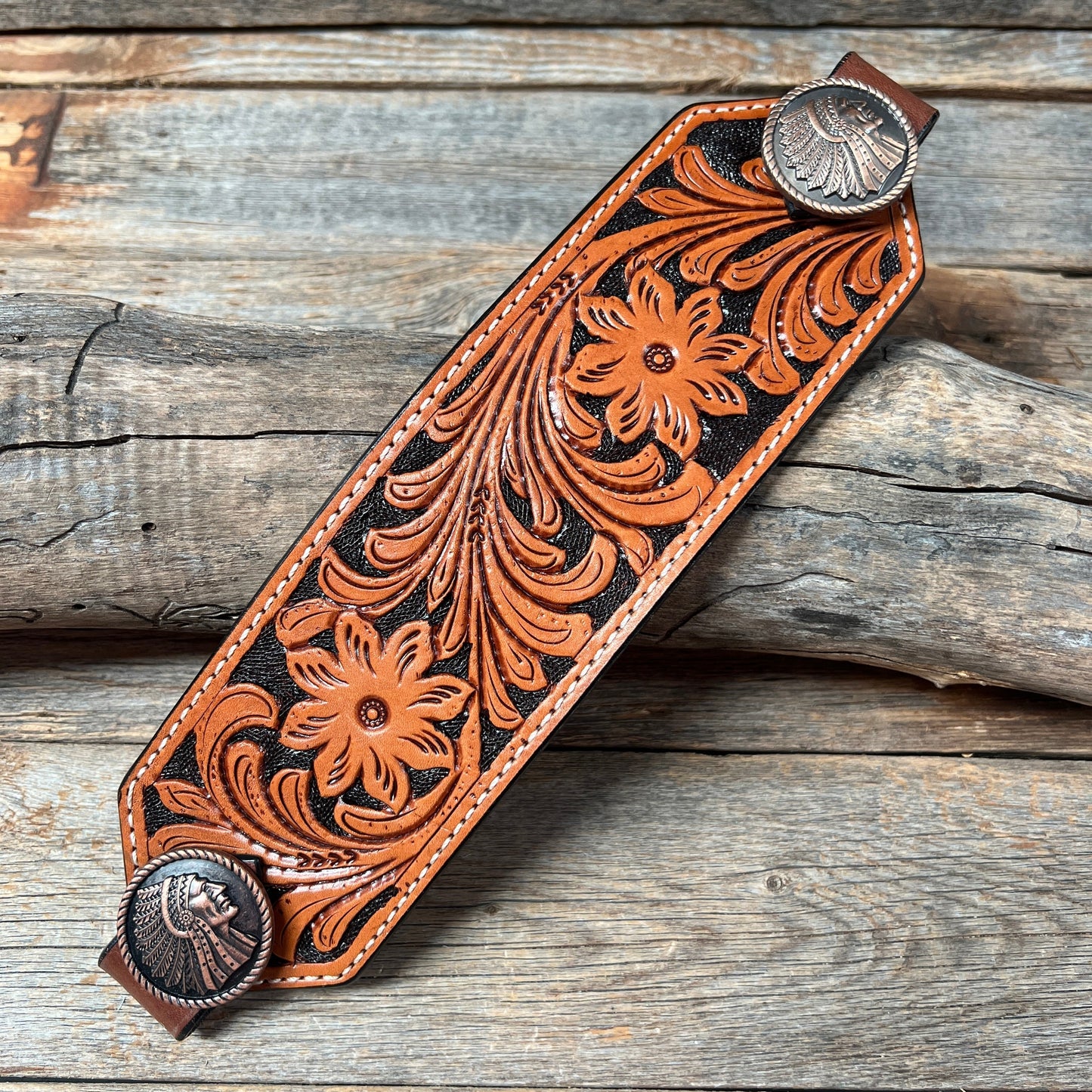 Light Oil Floral Bronc Noseband With Copper Conchos