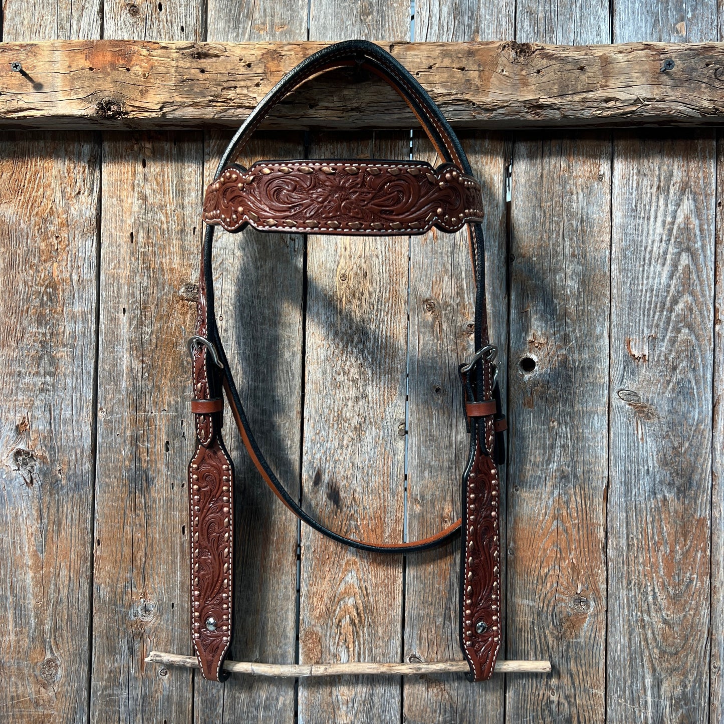 Medium Oil Floral Tooled Copper Buckstitching &  Dots Browband Headstall / Bridle