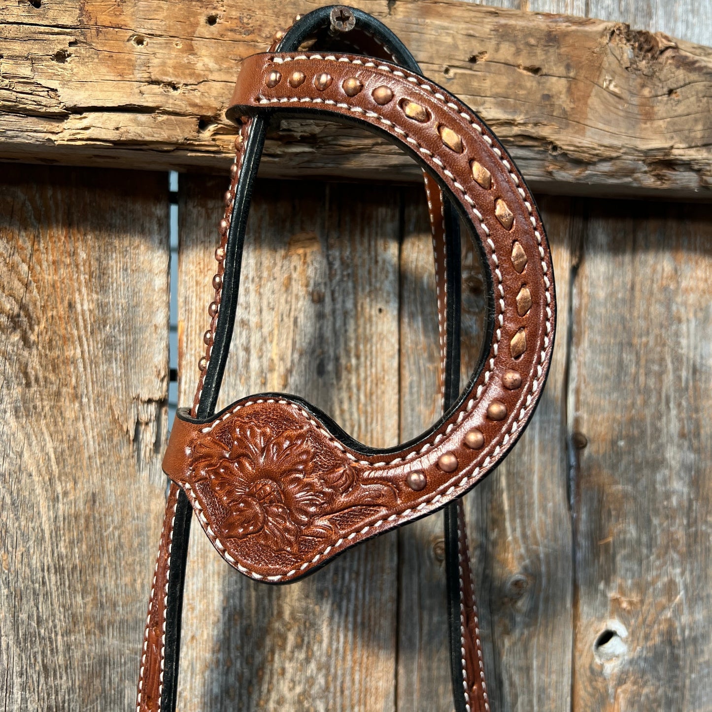 Medium Oil Floral Tooled Copper Buckstitching &  Dots One Ear Headstall / Bridle