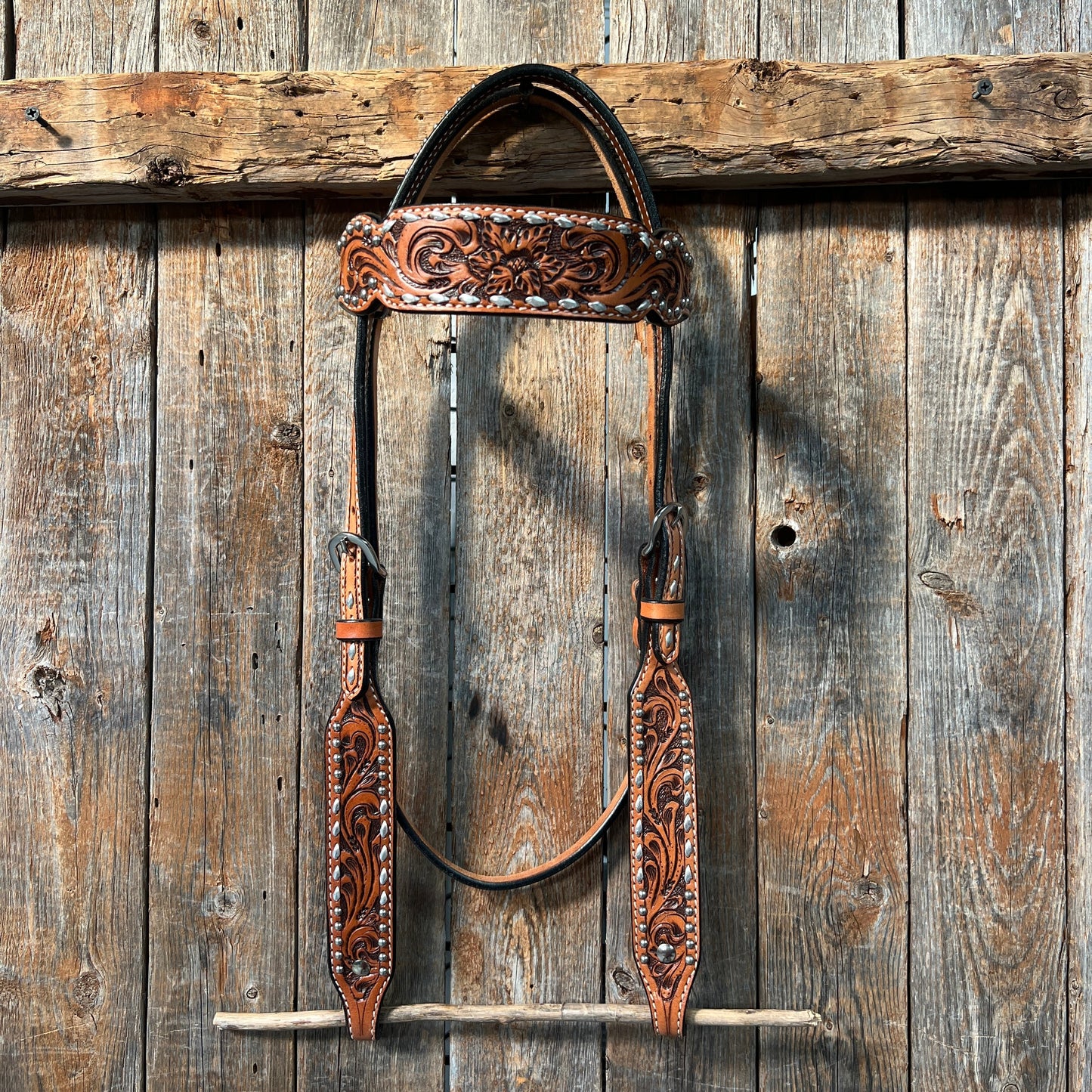 Light Oil Floral Tooled Silver Buckstitching & Dots Browband Headstall / Bridle