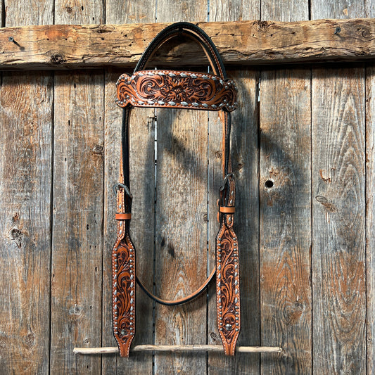 Light Oil Floral Tooled Silver Buckstitching & Dots Browband Headstall / Bridle