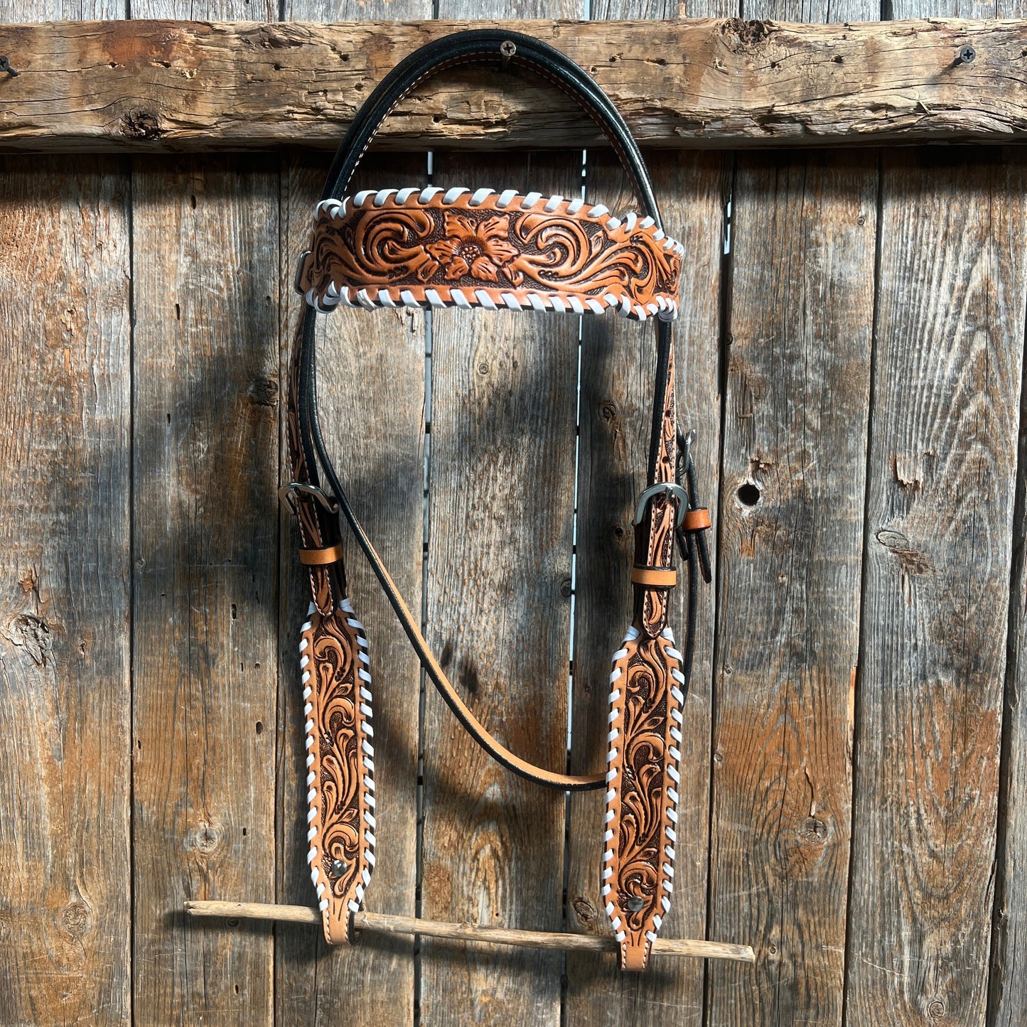Light Oil Floral Tooled with White Whipstitch Browband Headstall / Bridle