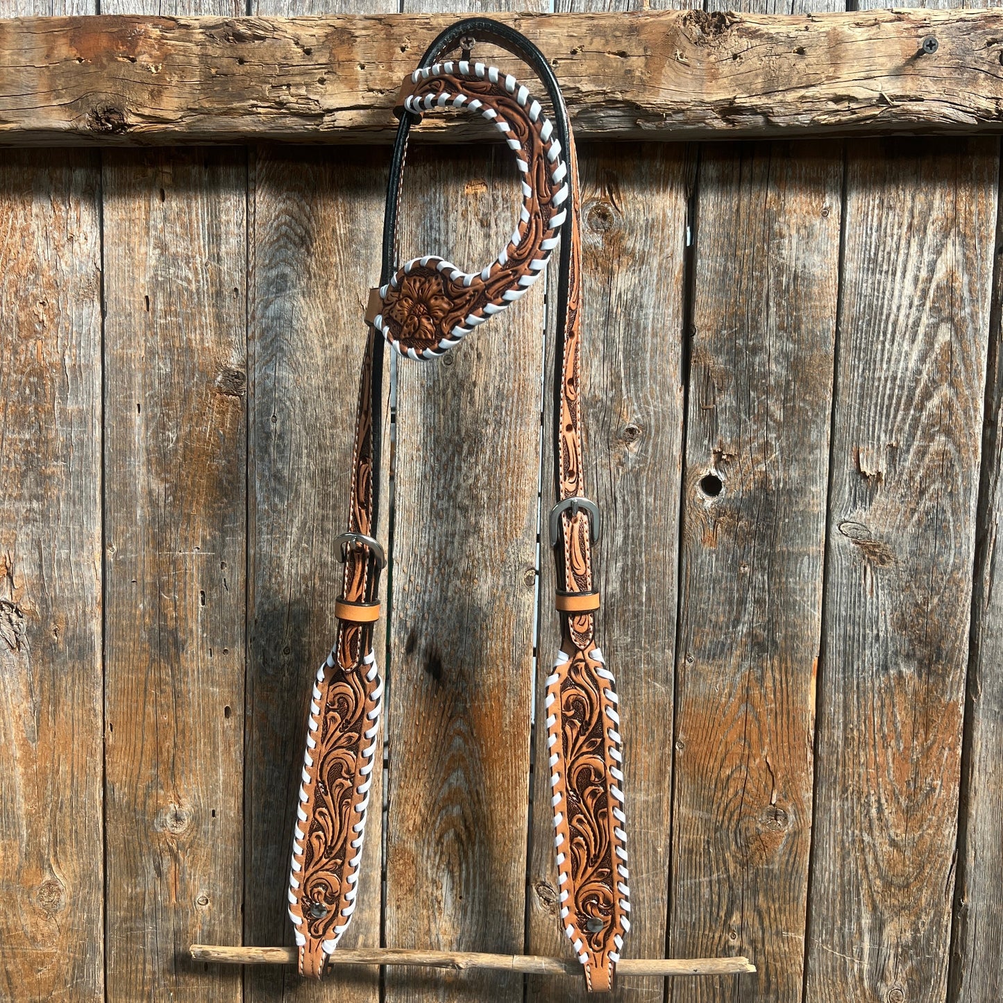 Light Oil Floral Tooled with White Whipstitch One Ear Headstall / Bridle