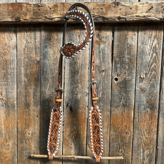 Light Oil Floral Tooled with White Whipstitch One Ear Headstall / Bridle