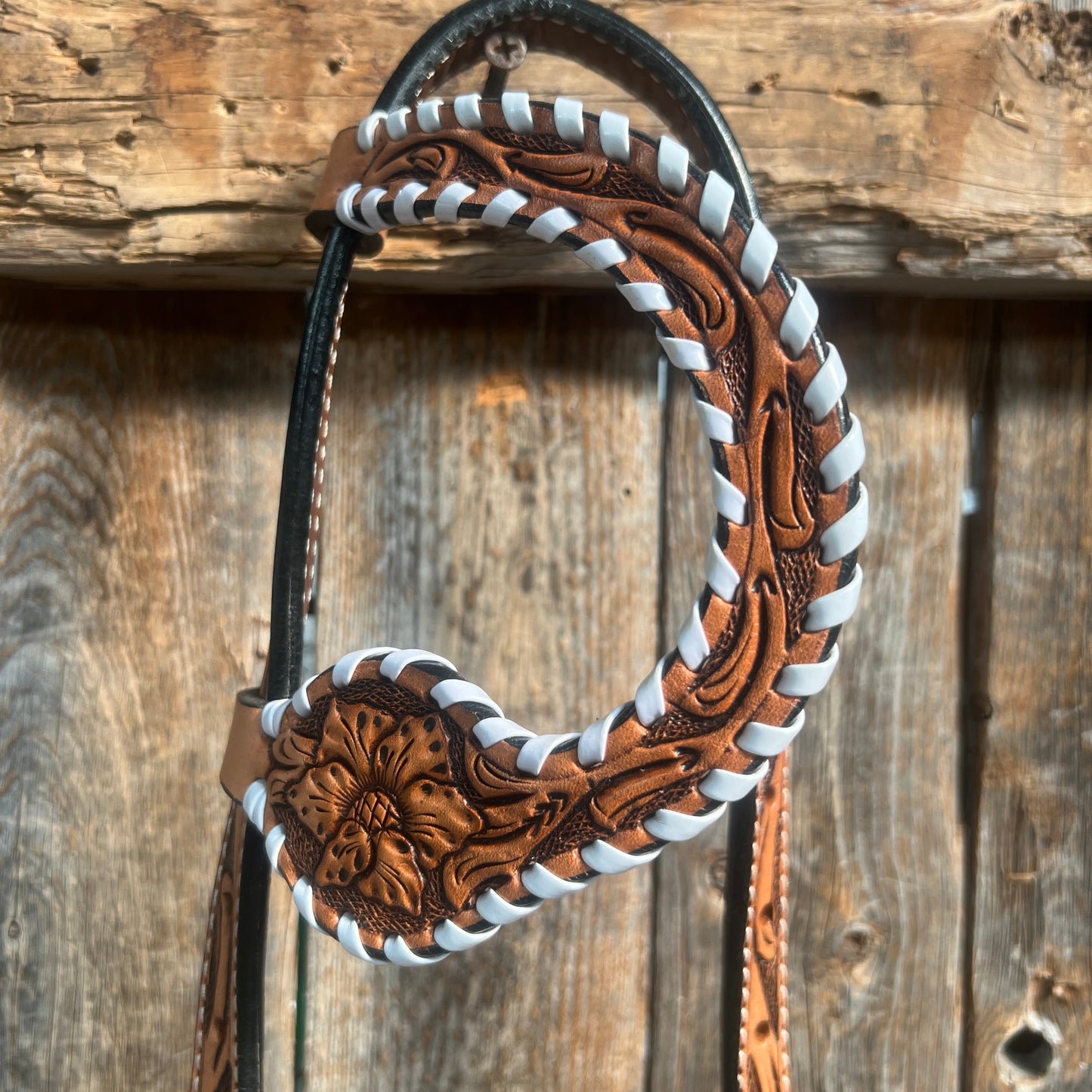 Light Oil Floral Tooled with White Whipstitch One Ear Headstall / Bridle