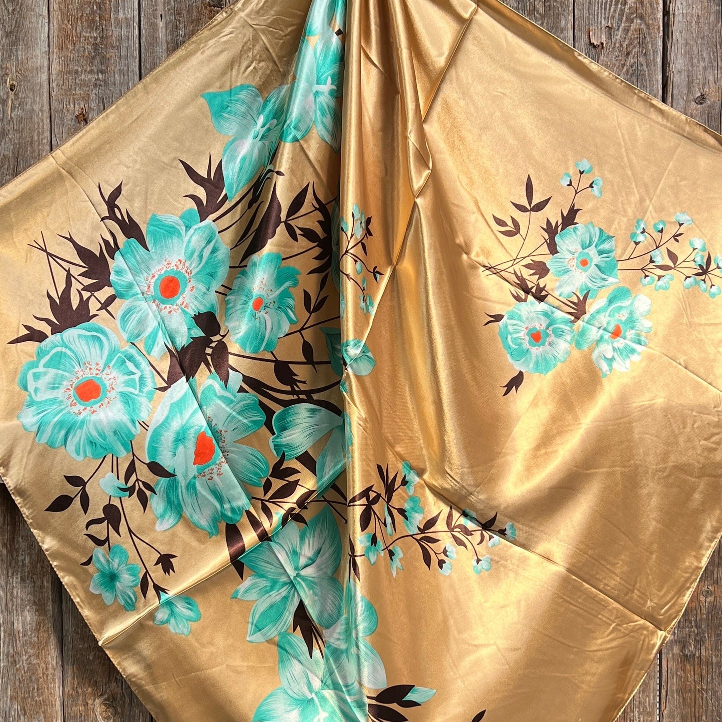 35X35"  Gold & Turquoise Floral Wild Rag / Scarf WR853