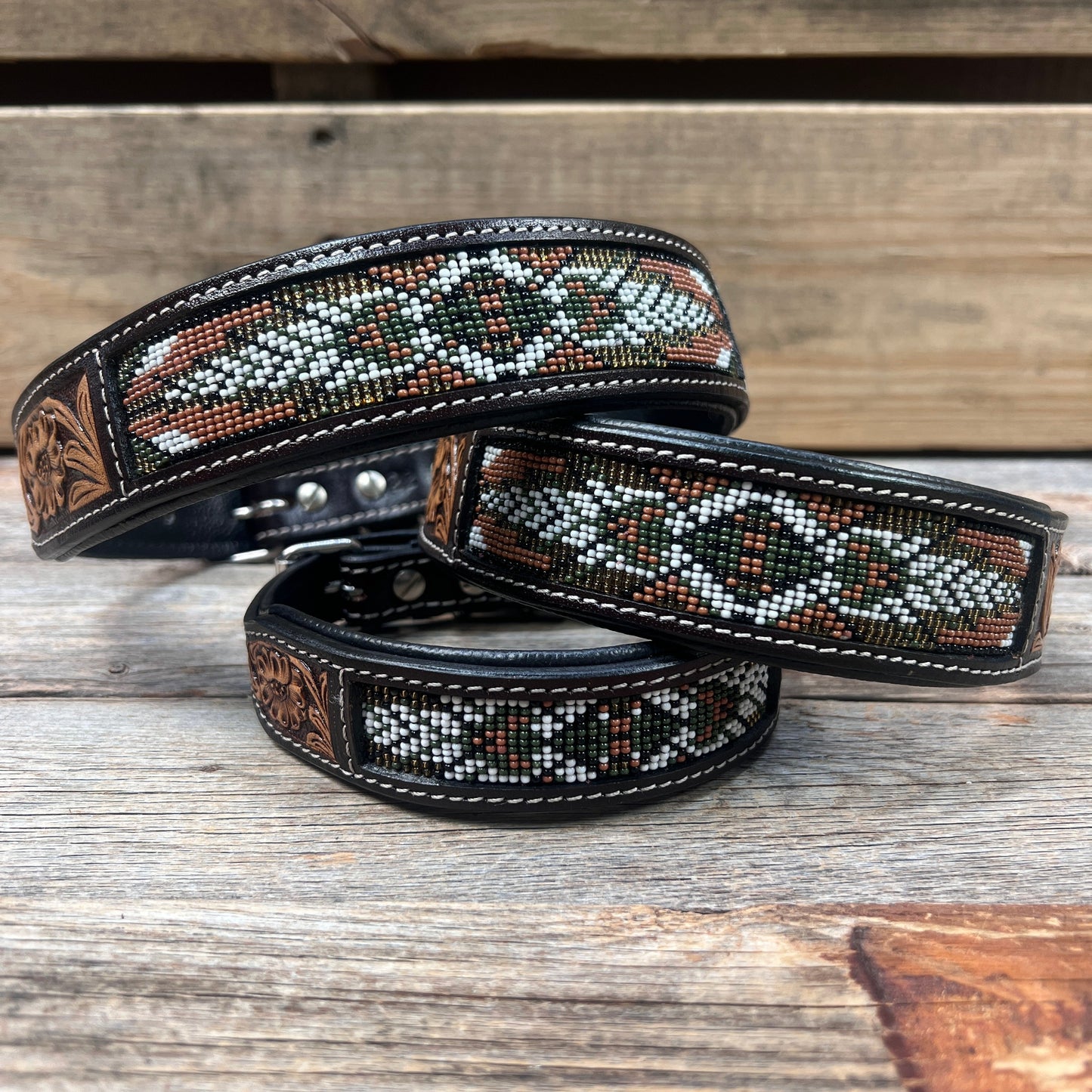 Green and Tan Beaded Dog Collar #BDC103