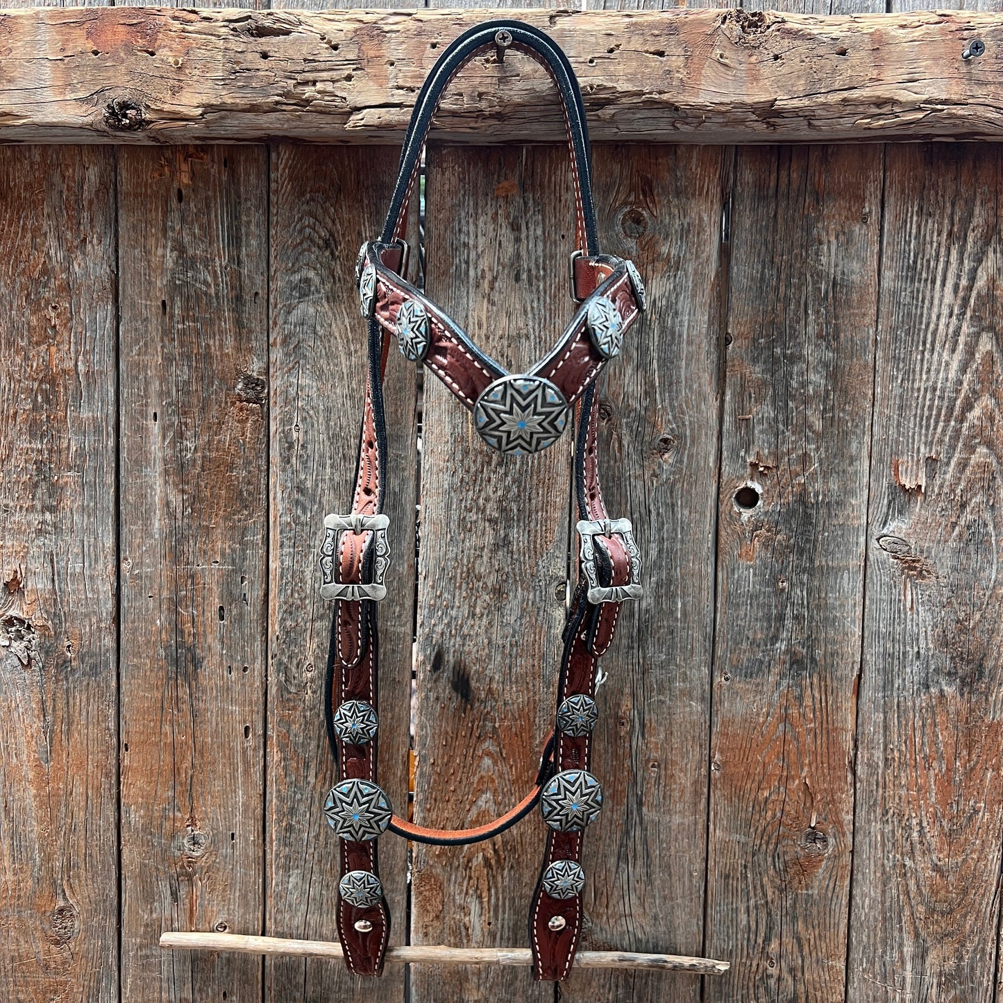 Medium Oil Floral Western Starburst Browband / Breastcollar Tack Set  #BBBC612