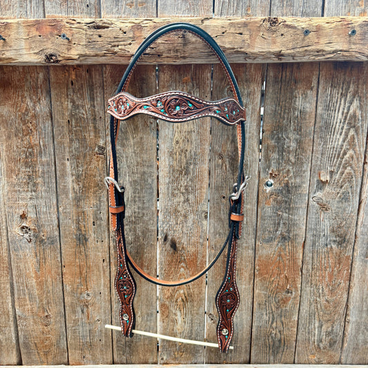 Medium Oil Floral and Teal Dot Browband Headstall / Bridle #24337M