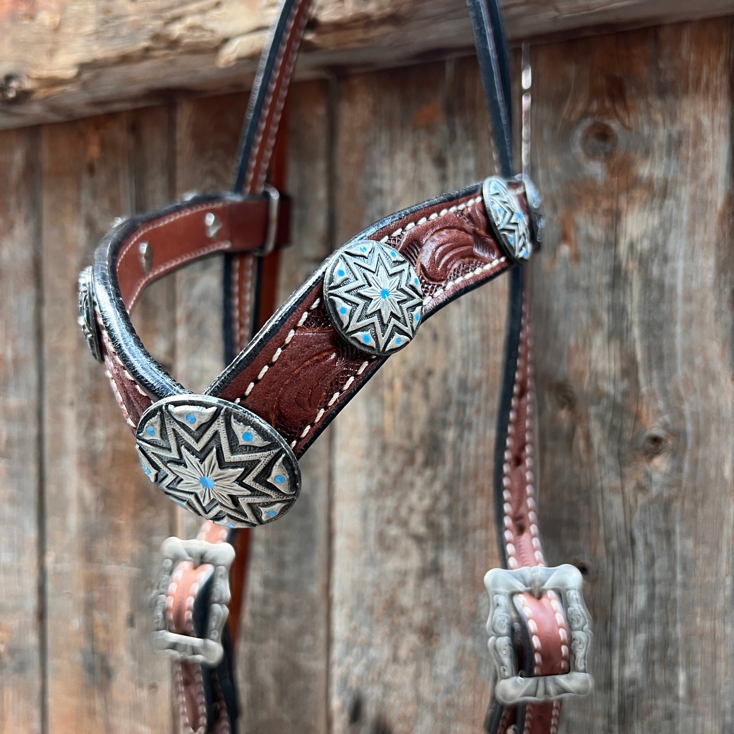 Medium Oil Floral Western Starburst Browband / Breastcollar Tack Set  #BBBC612