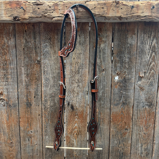 Medium Oil Floral and Teal Dot One Ear Headstall / Bridle #24338M