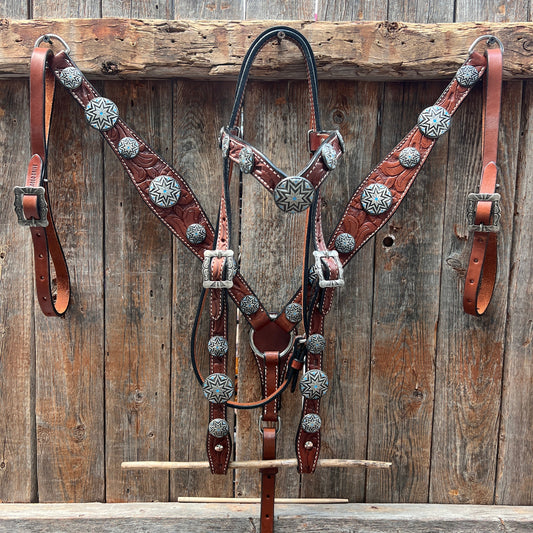 Medium Oil Floral Western Starburst Browband / Breastcollar Tack Set  #BBBC612