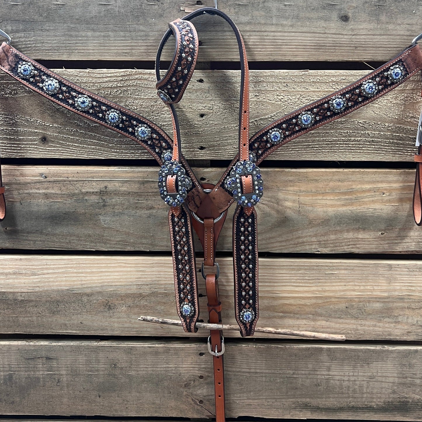 Copper and Silver Dot Two Tone Light Sapphire and Lilac Headstall & Breastcollar Tack Set #OEBC617