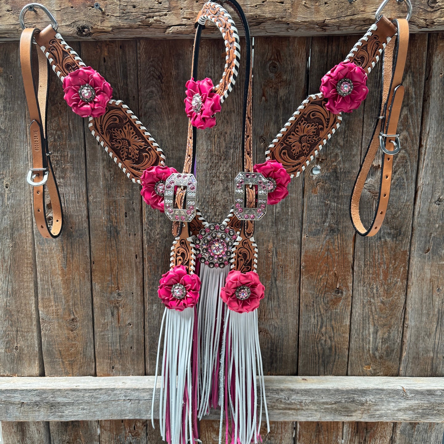 Light Oil Whipstitch Pink and White One Ear & Breastcollar Tack Set #OEBC437